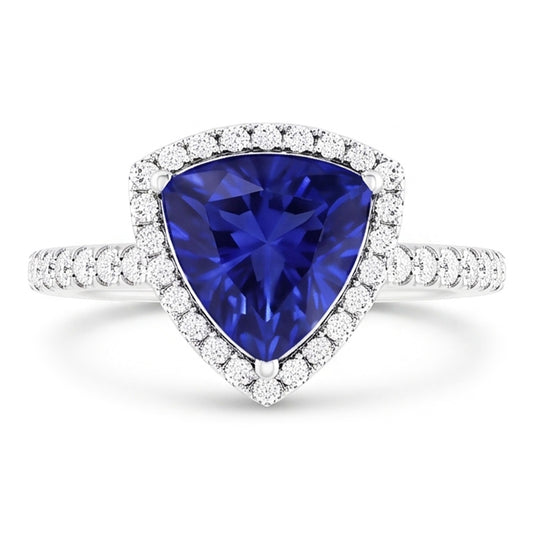 Halo Engagement Ring Trillion Ceylon Sapphire & Natural Earth Mined Diamonds 3 Carats