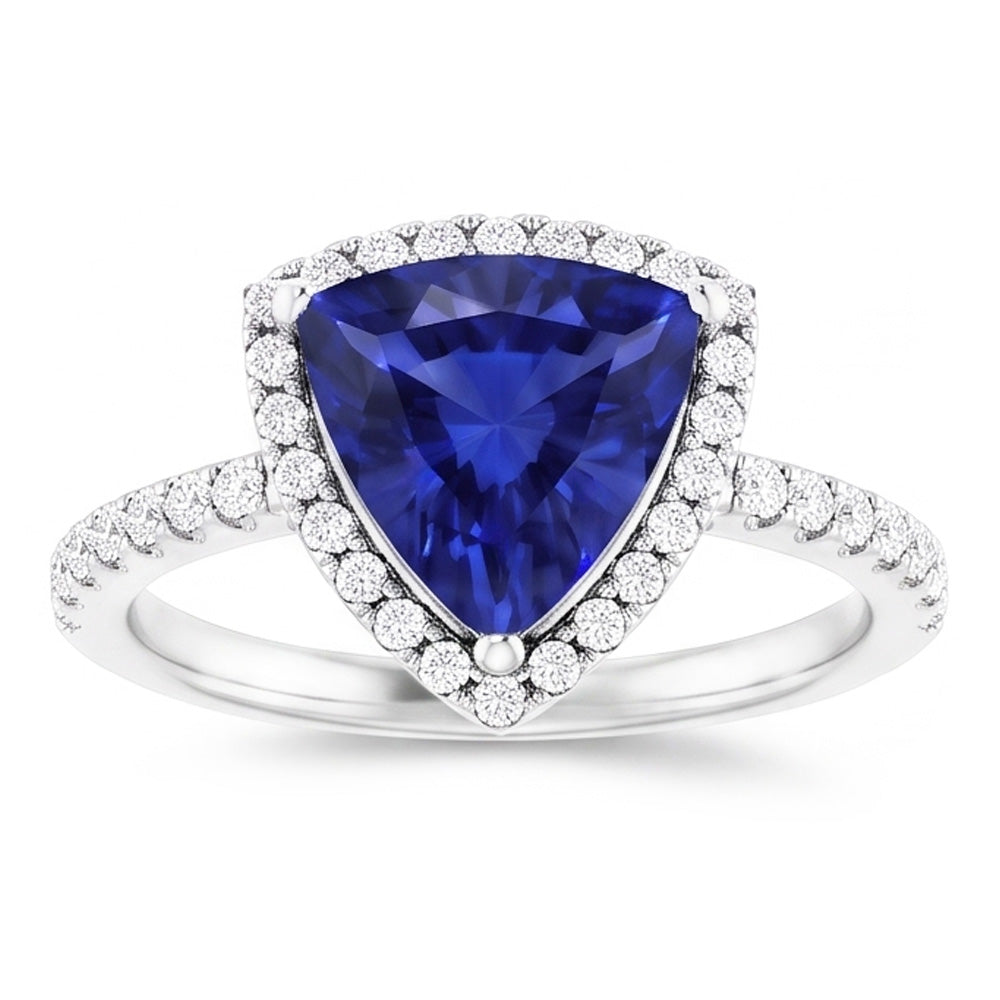 Halo Engagement Ring Trillion Ceylon Sapphire & Natural Earth Mined Diamonds 3 Carats