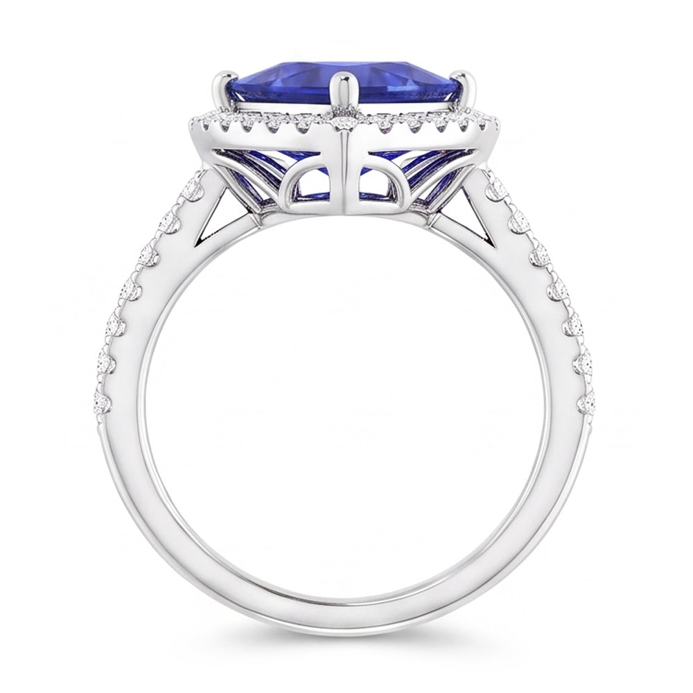 Halo Engagement Ring Trillion Ceylon Sapphire & Natural Earth Mined Diamonds 3 Carats