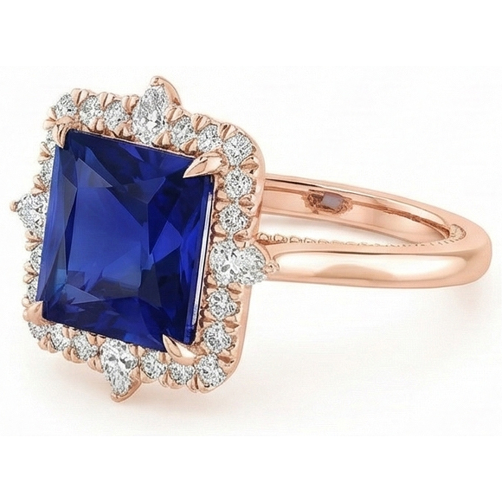 Halo Engagement Ring Vintage Style Blue Sapphire 6.25 Carats Rose Gold