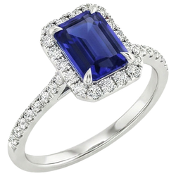 Halo Fancy Natural Earth Mined Diamond Ring Emerald Cut Sri Lankan Sapphire 4.25 Carats