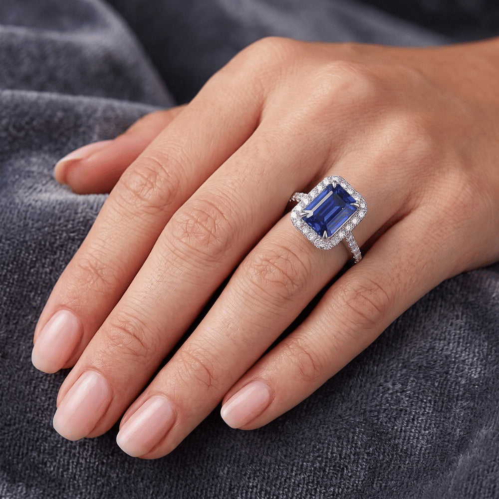 Halo Fancy Natural Earth Mined Diamond Ring Emerald Cut Sri Lankan Sapphire 4.25 Carats