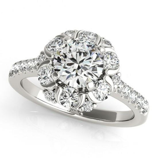 Halo Fancy Ring Round Real Diamonds 2.00 Carats White Gold 14K