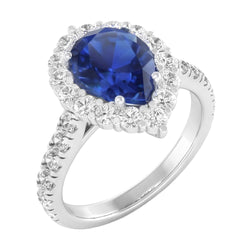 Halo Gemstone Ring Pear Blue Sapphire Gold Womens Jewellery 8 Carats