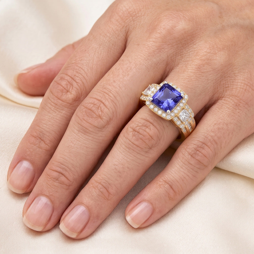Halo Gemstone Ring Radiant Sapphire 5 Carats 14K Gold Natural Earth Mined Diamonds