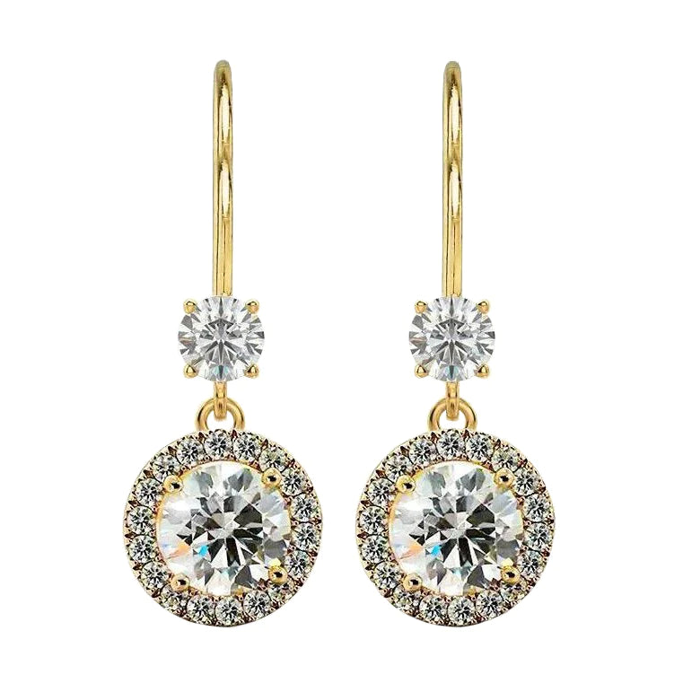 Halo Genuine Diamond Drop Dangle Earrings Leverbacks 4.80 Carats Yellow Gold 14K