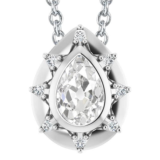 Halo Genuine Diamond Pendant Bezel Set Pear Old Miner 5 Carats White Gold 14K