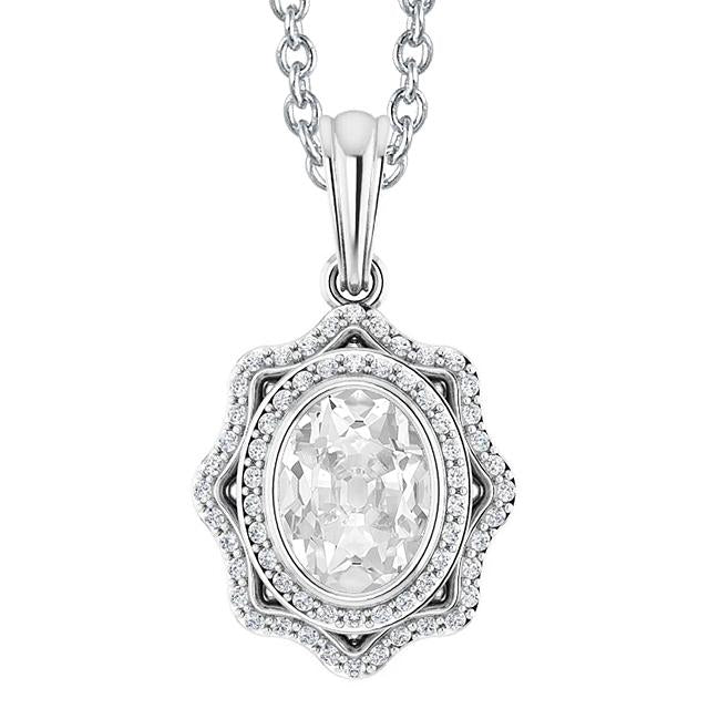 Halo Genuine Diamond Pendant Oval Old Miner Bezel Set 4.50 Carats White Gold