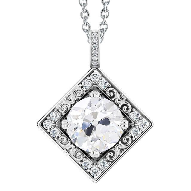 Halo Genuine Diamond Square Pendant With Chain Old Cut Prong Set 4 Carats