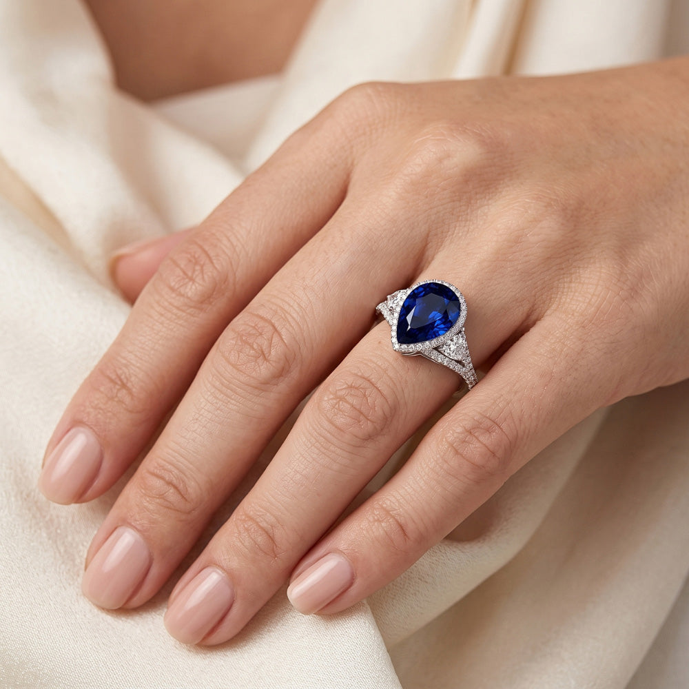 Halo Gold Ring Blue Sapphire With Natural Earth Mined DIAMOND ( NOT LAB GROWN ) Side Stones 4.50 Carats