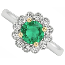 Colombian Emerald Round Brilliant Colored Stone Ring in 14 Karat Two Tone Gold – side view