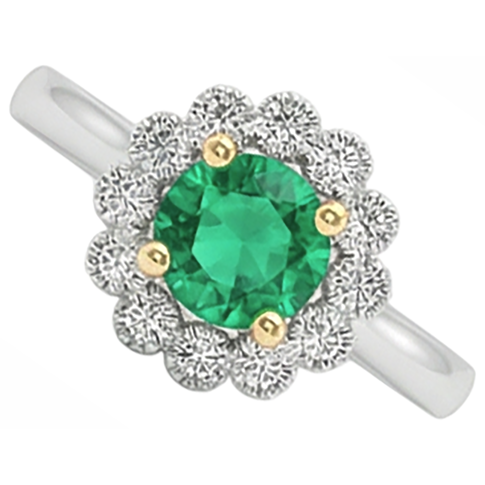 Colombian Emerald Round Brilliant Colored Stone Ring in 14 Karat Two Tone Gold – side view
