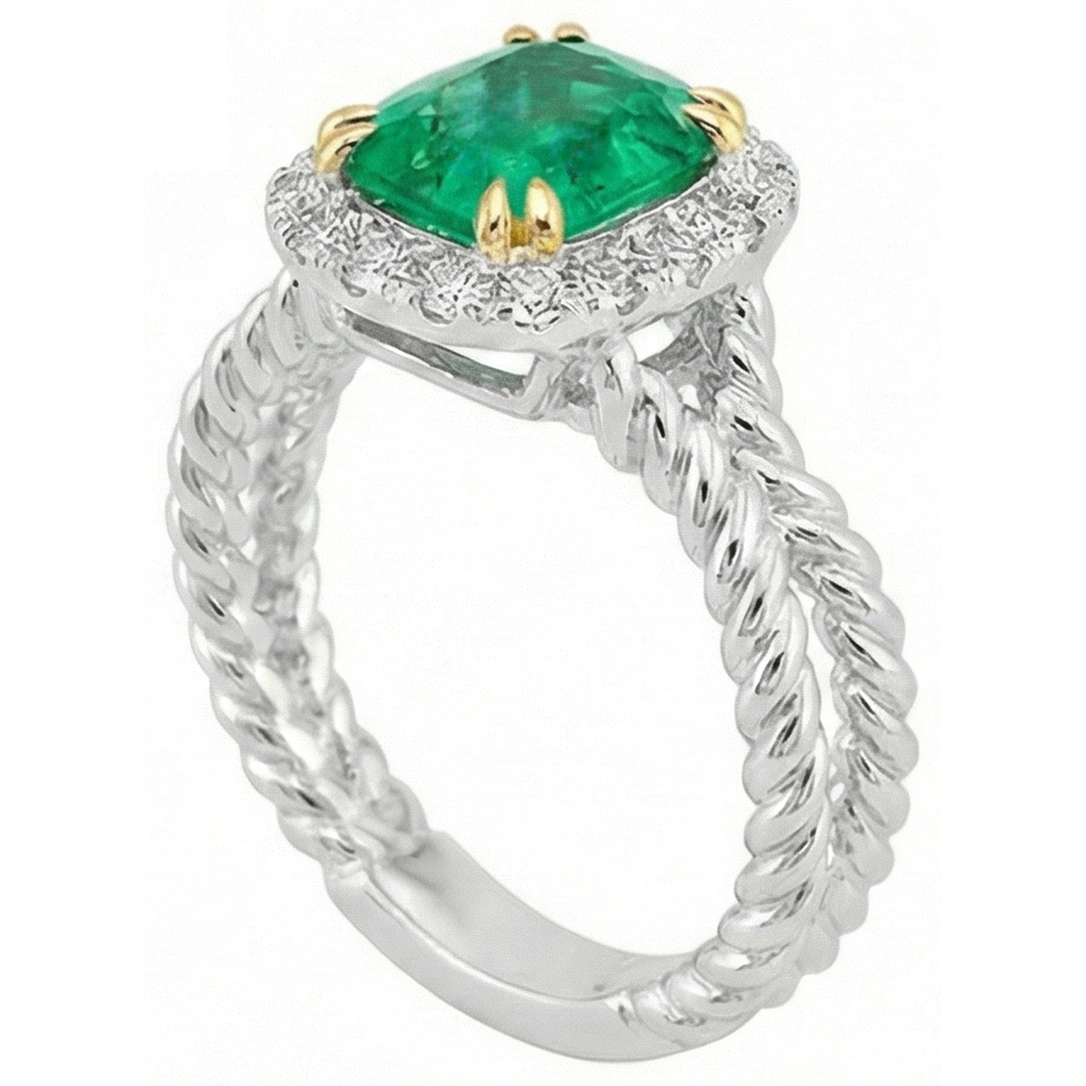 Fine Emerald Precious Stone Ring 2-ct 14K Two Tone Gold – side view