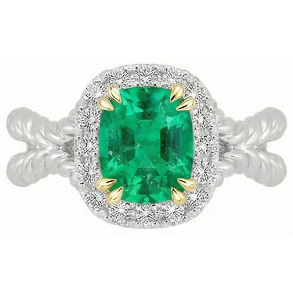 Precious Stone Ring 14K Two Tone Gold with Fine Emerald – front view