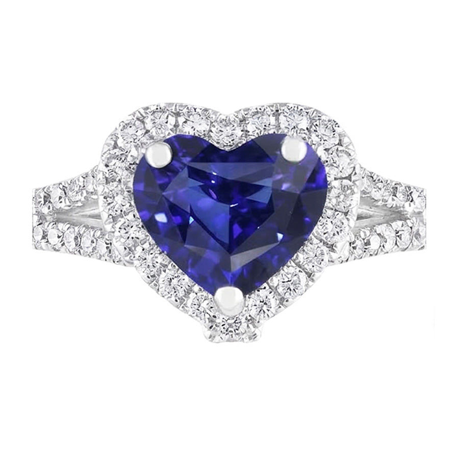 Halo Heart Blue Sapphire Ring Pave Split Shank Natural Earth Mined Diamonds 3.50 Carats