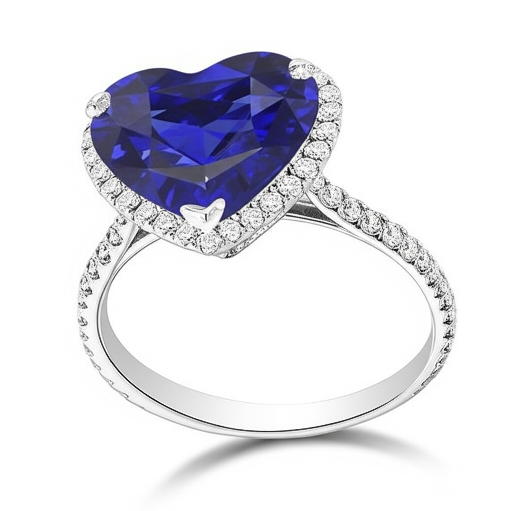 Halo Heart Ceylon Sapphire Engagement Ring 4.50 Carats Natural Earth Mined Diamond Jewellery