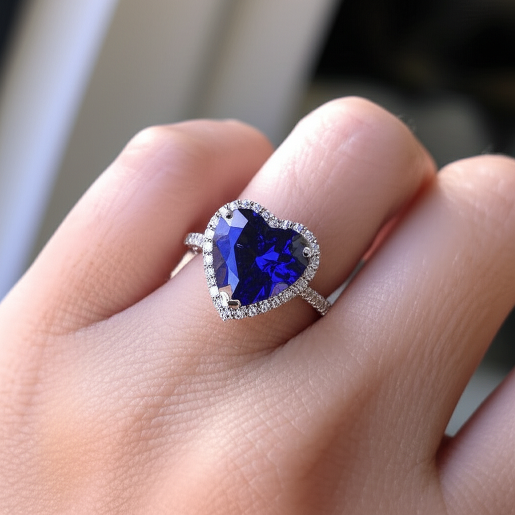 Halo Heart Ceylon Sapphire Engagement Ring 4.50 Carats Natural Earth Mined Diamond Jewellery