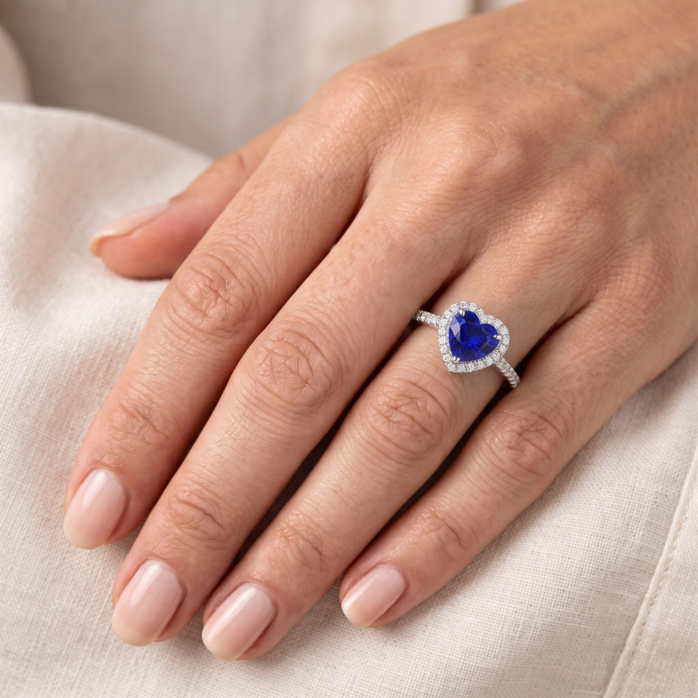Halo Heart Ceylon Sapphire Engagement Ring 4.50 Carats Natural Earth Mined Diamond Jewellery