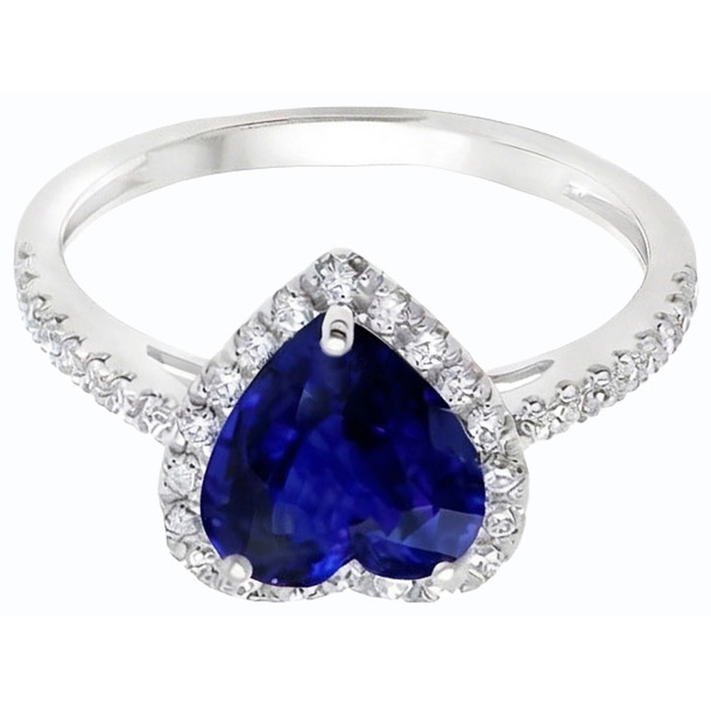 Halo Heart Deep Blue Sapphire Ring With Natural Earth Mined Diamond Accents 3.50 Carats