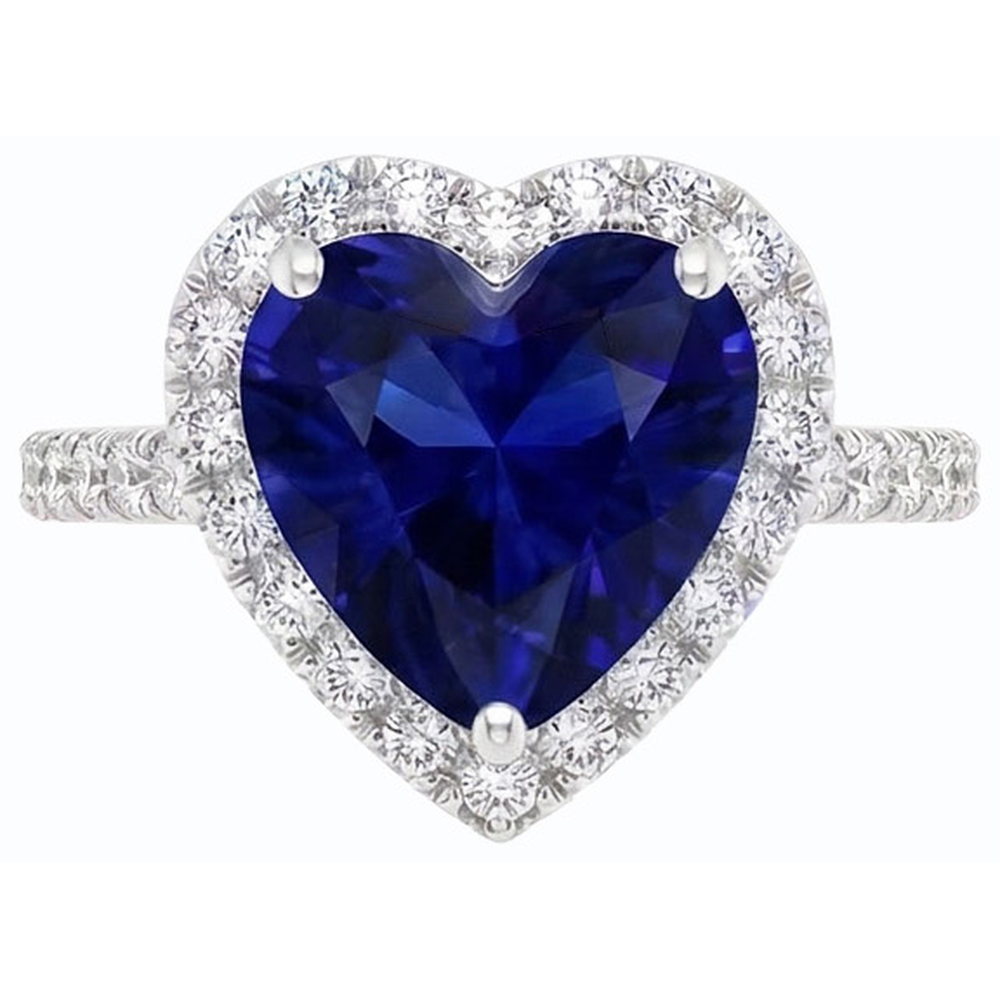 Halo Heart Deep Blue Sapphire Ring With Natural Earth Mined Diamond Accents 3.50 Carats