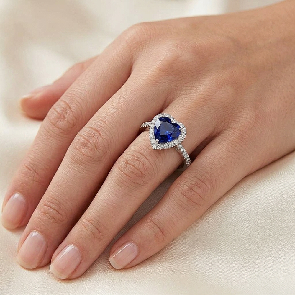 Halo Heart Deep Blue Sapphire Ring With Natural Earth Mined Diamond Accents 3.50 Carats