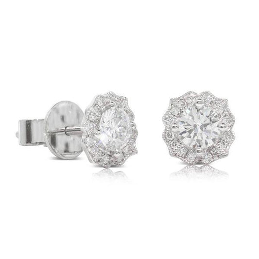 Halo Ladies Stud Earrings 2.80 Carats Round Real Diamond White Gold 14K