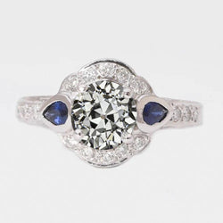 Halo Lady's Ring Round Old Cut Real Natural Earth Mined Diamond & Pear Blue Sapphires 3 Carats