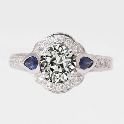 Halo Lady's Ring Round Old Cut Real Diamond & Pear Blue Sapphires 3 Carats