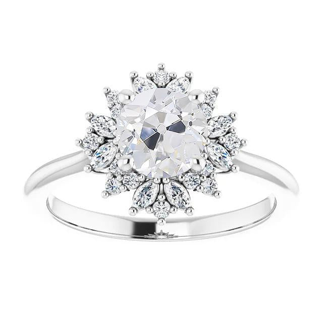 Halo Marquise & Round Old Mine Cut Real Diamond Ring Flower Style 4 Carats