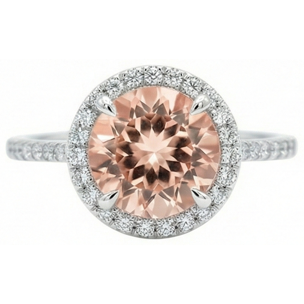 Halo Morganite And Natural Earth Mined Diamonds 15.50 Carats Ring White Gold 14K