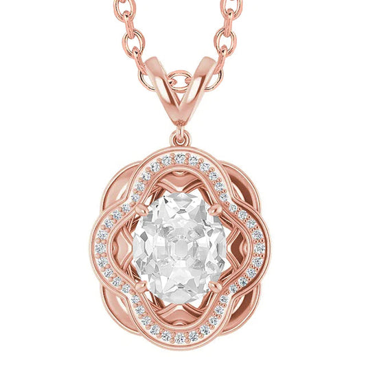 Halo Natural Diamond Pendant Round & Oval Old Miner 4 Carats Rose Gold 14K