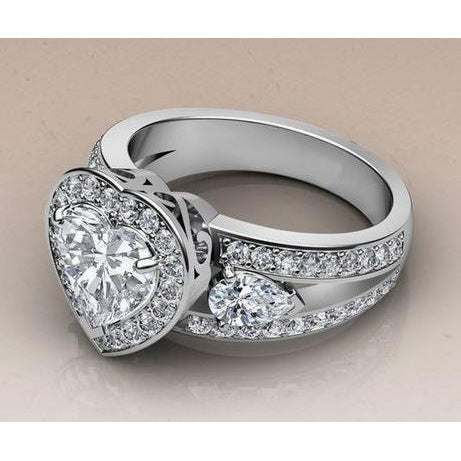 Halo Natural Diamond Three Stone Style Wedding Ring Gold 14K