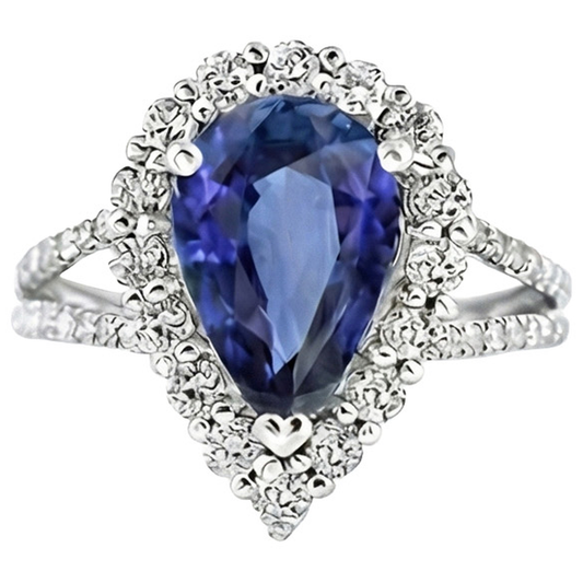 Halo Natural Earth Mined DIAMOND ( NOT LAB GROWN ) Ring Pear Sri Lankan Sapphire 5.50 Carats Split Shank
