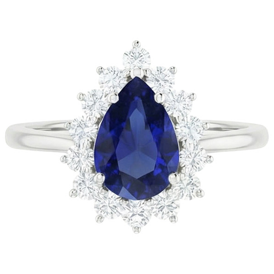 Halo Natural Earth Mined DIAMOND ( NOT LAB GROWN ) Ring Star Style Pear Sri Lankan Sapphire 2.25 Carats