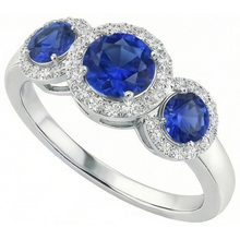 Halo Natural Earth Mined Diamond 3 Stone Style Ceylon Sapphire Ring 4.50 Carats White Gold