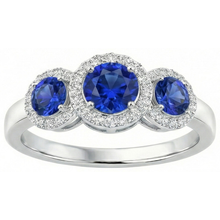 Halo Natural Earth Mined Diamond 3 Stone Style Ceylon Sapphire Ring 4.50 Carats White Gold