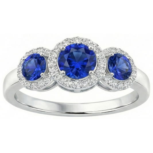 Halo Natural Earth Mined Diamond 3 Stone Style Ceylon Sapphire Ring 4.50 Carats White Gold