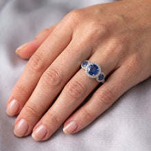 Halo Natural Earth Mined Diamond 3 Stone Style Ceylon Sapphire Ring 4.50 Carats White Gold