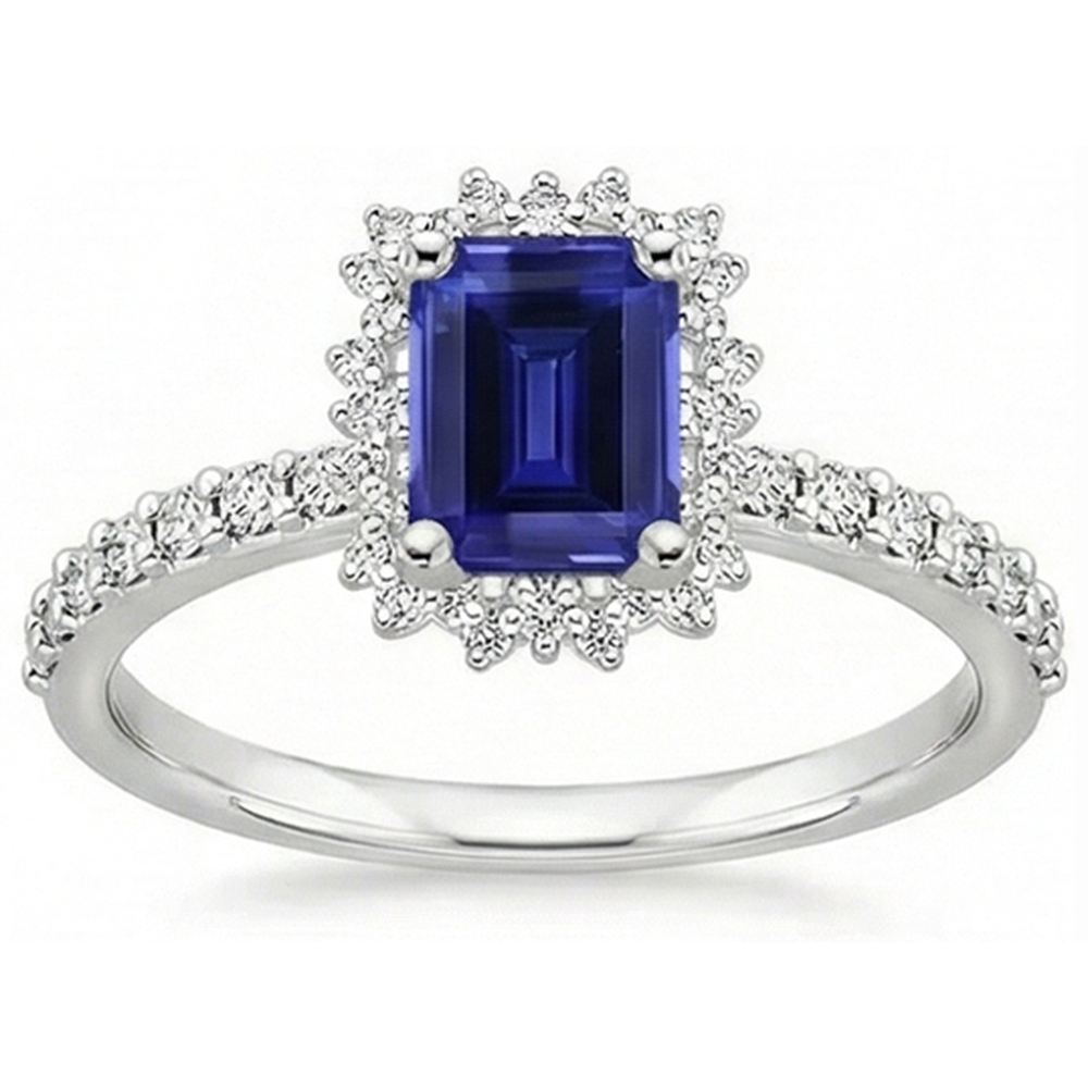 Halo Natural Earth Mined Diamond And Sapphire Engagement Ring
