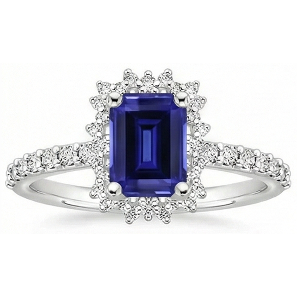 Halo Natural Earth Mined Diamond And Sapphire Engagement Ring