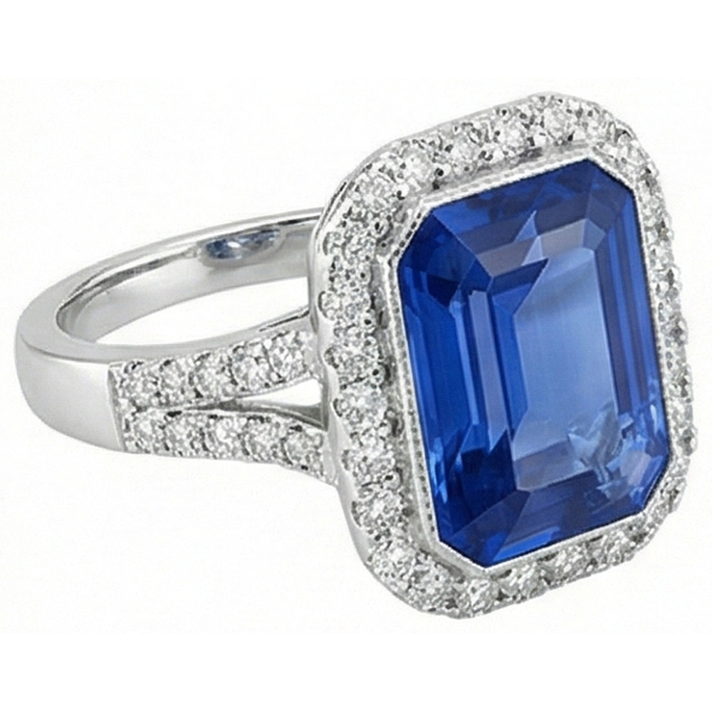 Halo Natural Earth Mined Diamond Bezel Set Emerald Blue Sapphire Engagement Ring 4 Carats