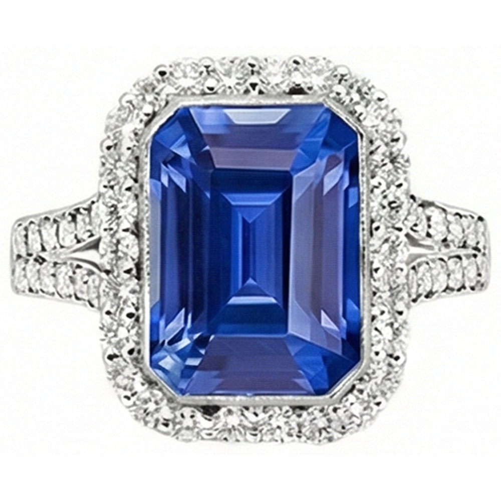 Halo Natural Earth Mined Diamond Bezel Set Emerald Blue Sapphire Engagement Ring 4 Carats
