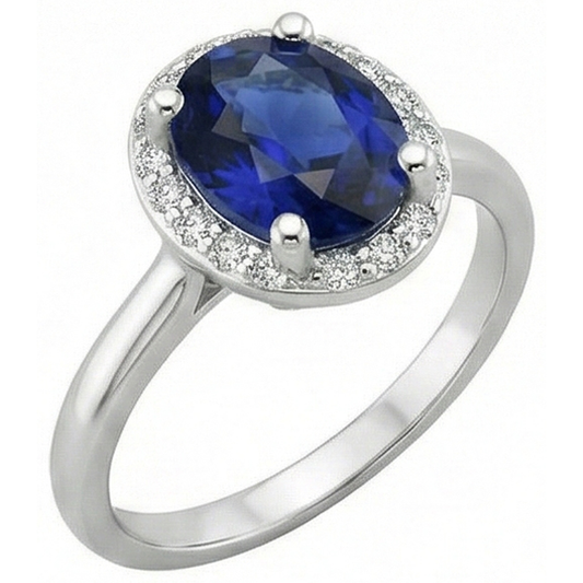 Halo Natural Earth Mined Diamond Blue Sapphire Engagement Ring 4 Carats White Gold 14K