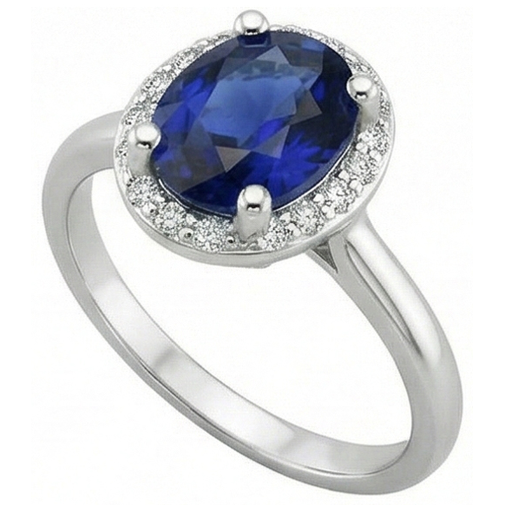 Halo Natural Earth Mined Diamond Blue Sapphire Engagement Ring 4 Carats White Gold 14K