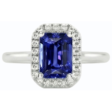 Halo Natural Earth Mined Diamond Blue Sapphire Ring Emerald Cut 3 Carats White Gold 14K
