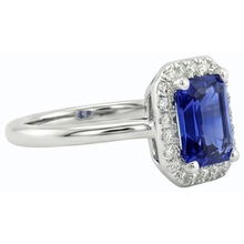 Halo Natural Earth Mined Diamond Blue Sapphire Ring Emerald Cut 3 Carats White Gold 14K