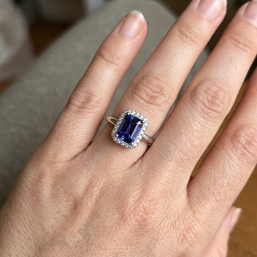 Halo Natural Earth Mined Diamond Blue Sapphire Ring Emerald Cut 3 Carats White Gold 14K
