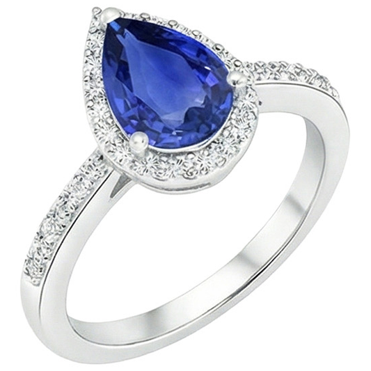Halo Natural Earth Mined Diamond Blue Sapphire Teardrop Style Ring With Accents 5.50 Carat