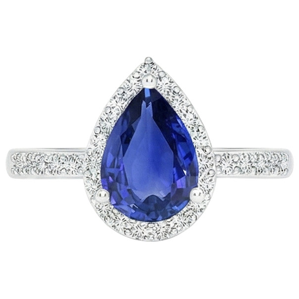 Halo Natural Earth Mined Diamond Blue Sapphire Teardrop Style Ring With Accents 5.50 Carat