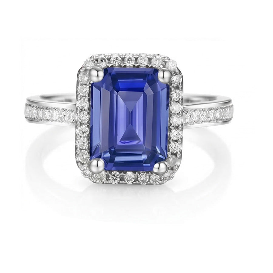 Halo Natural Earth Mined Diamond Blue Sapphire Wedding Ring Emerald Cut 3.50 Carats Gold